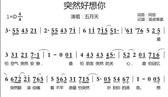 突然好想你简谱