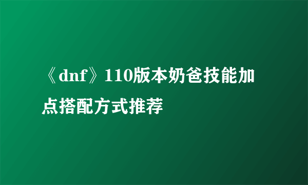 《dnf》110版本奶爸技能加点搭配方式推荐